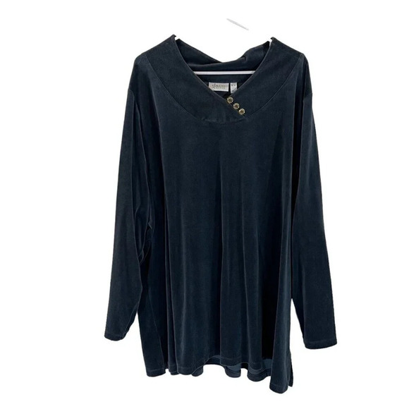 Denim&co. Active Gray Blue Velour Pullover Plus 4X Gold Button Accents V Neck - Picture 1 of 4